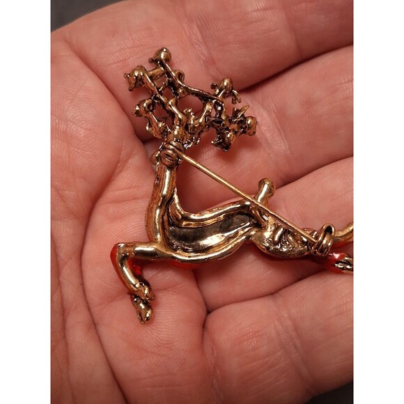 Vintage Christmas Reindeer Rhinestone Brooch Red Enamel Pin AB Glass - Picture 5 of 5